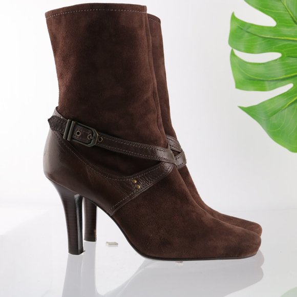 Cole Haan Dress Fashion Bootie Women 8 High Heel Brown Suede Harness Straps Zip - Picture 7 of 14